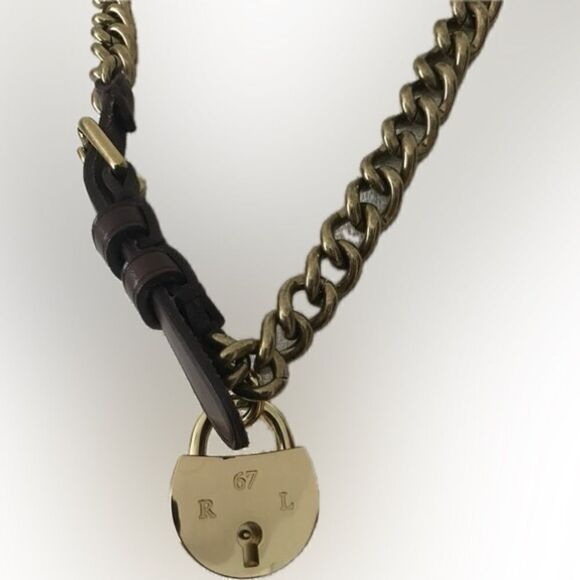 Ralph Lauren * Polished Brass Link Lock Charm Dog Collar Necklace/Bracelet/Belt - Picture 4 of 16
